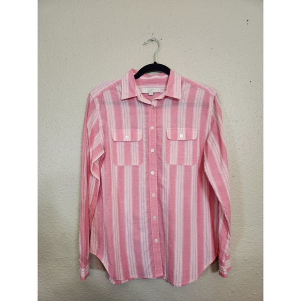 Ann Taylor Loft Womens Pink‎ White Striped Long Sleeve Button Down Shirt Size S